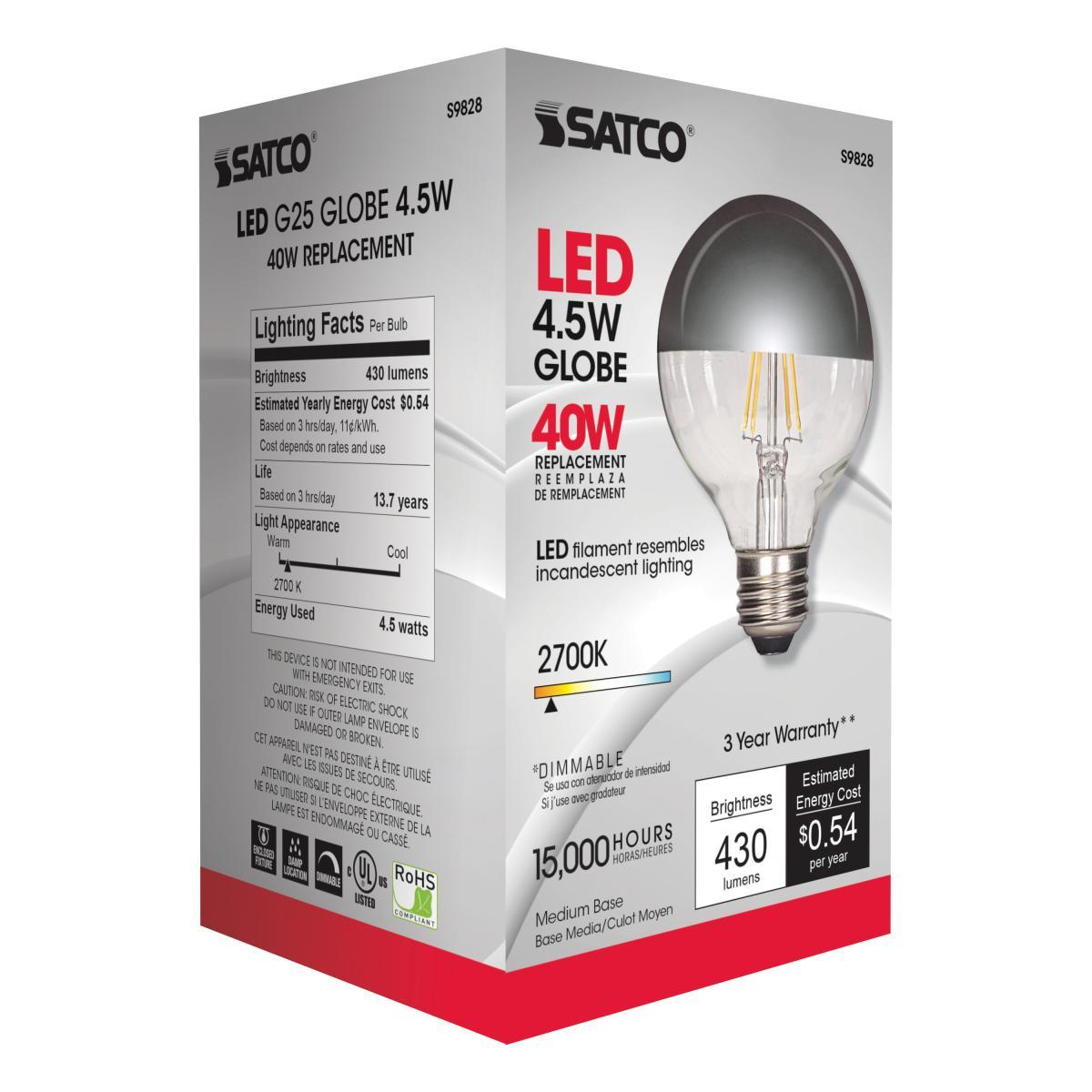Silver Crown G25 Filament LED Bulb, 5 Watts, 430 Lumens, 2700K, 40W Equal, E26 Medium Base - Bees Lighting