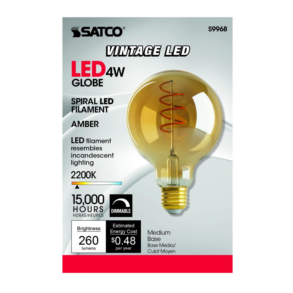 G30 Filament LED Globe Bulb, 5 Watt, 240 Lumens, 2000K, E26 Medium Base, Amber Finish