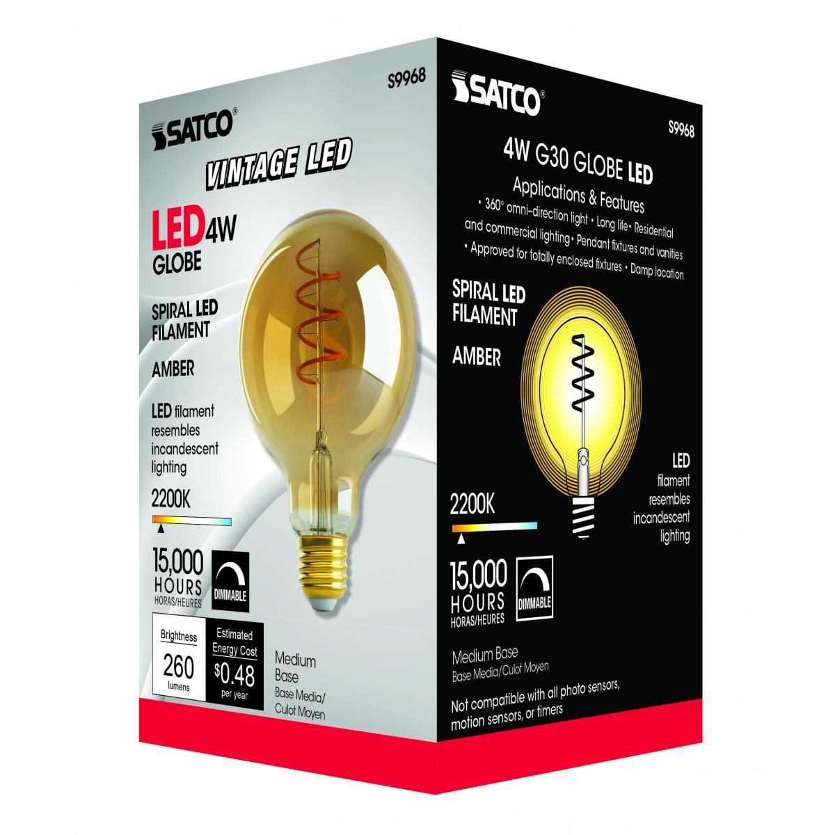G30 Filament LED Globe Bulb, 5 Watt, 240 Lumens, 2000K, E26 Medium Base, Amber Finish
