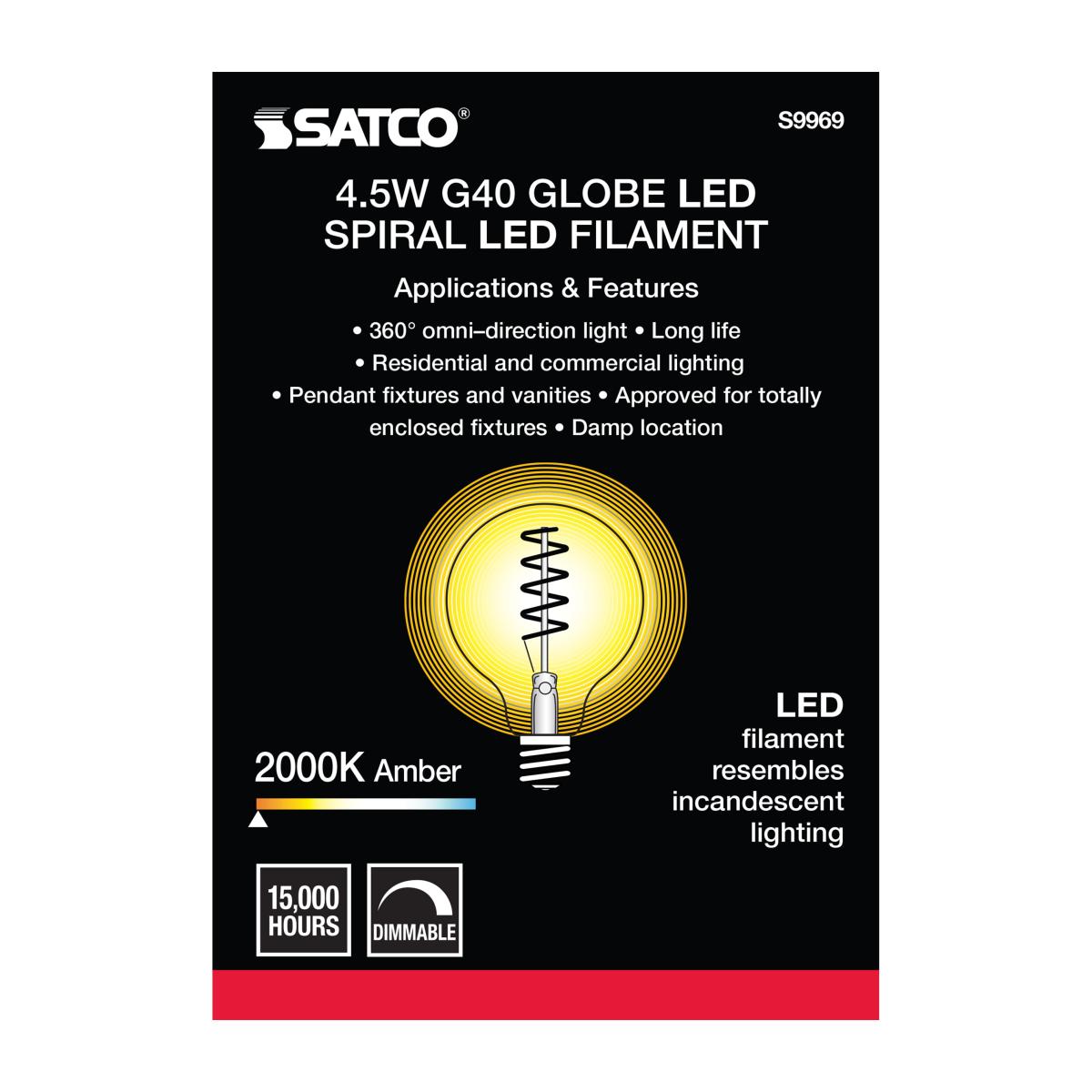 G40 Spiral LED Filament Globe Bulb, 5 Watts, 240 Lumens, 2000K, E26 Medium Base, Amber Finish - Bees Lighting