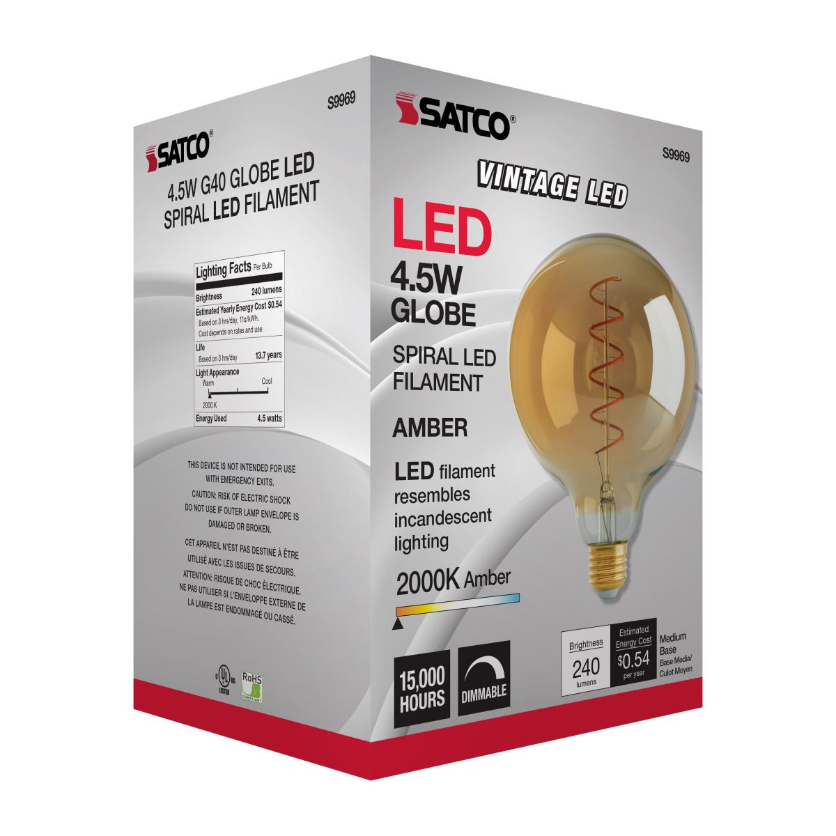 G40 Spiral LED Filament Globe Bulb, 5 Watts, 240 Lumens, 2000K, E26 Medium Base, Amber Finish - Bees Lighting