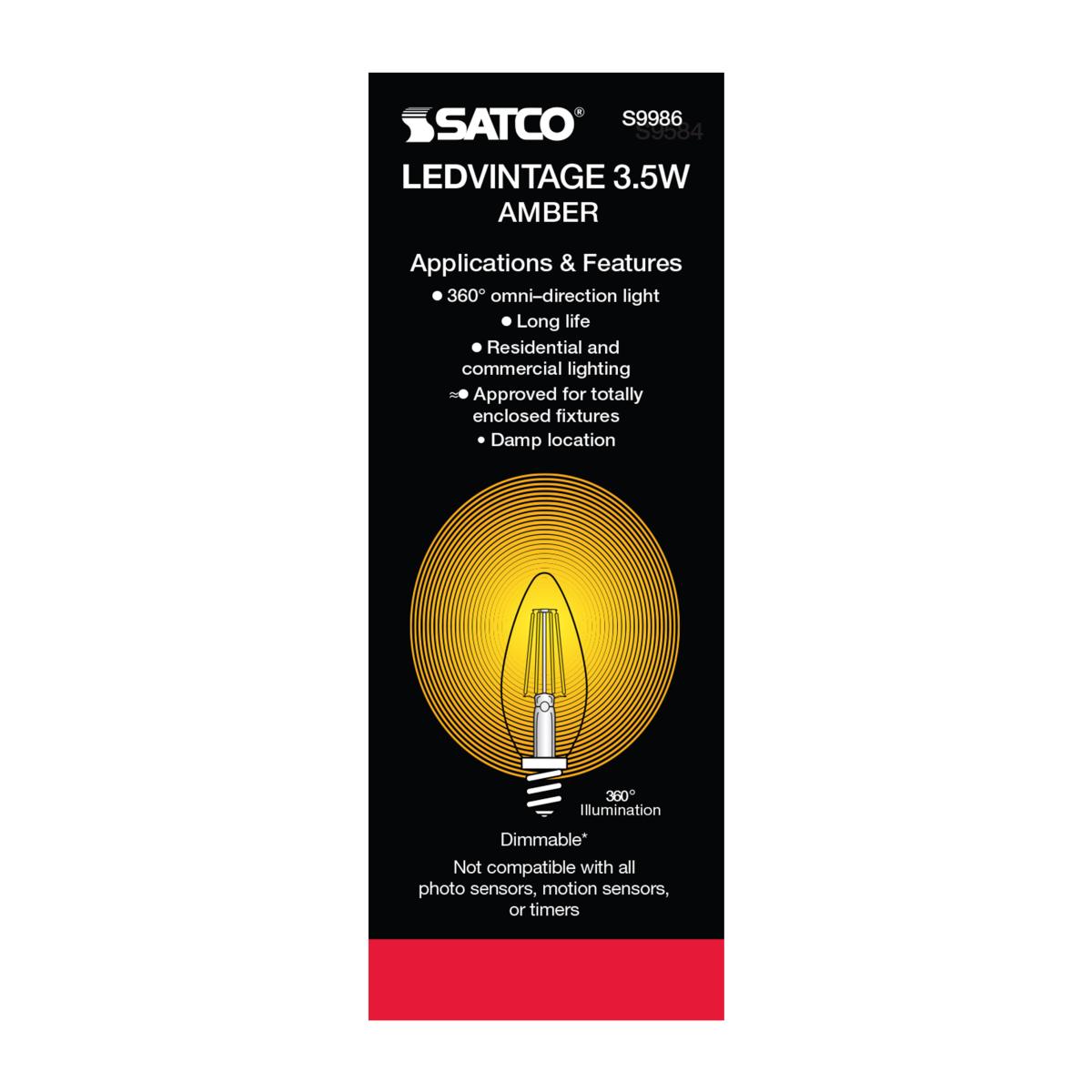 C11 Candle Filament LED Bulb, 4W, 300 Lumens, 2000K, E12 Candelabra Base, Amber Finish - Bees Lighting