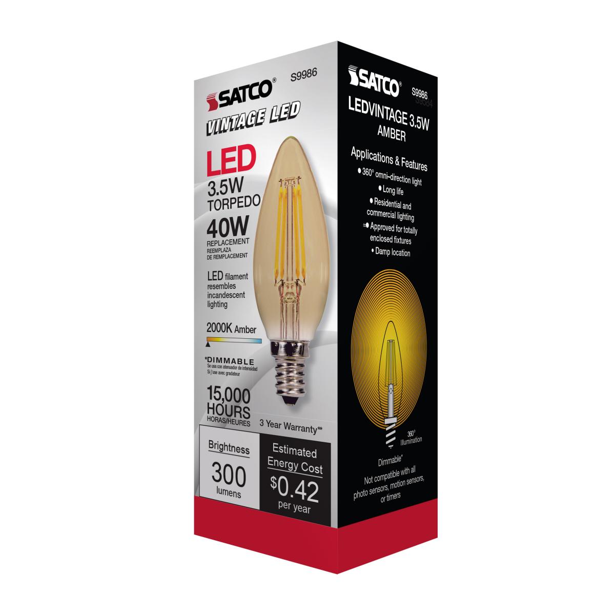 C11 Candle Filament LED Bulb, 4W, 300 Lumens, 2000K, E12 Candelabra Base, Amber Finish - Bees Lighting