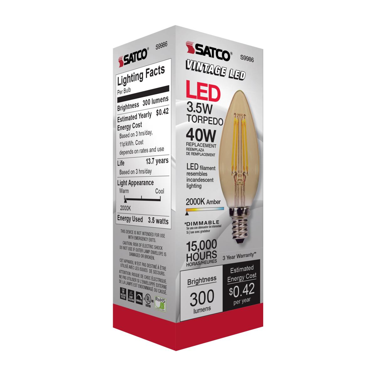 C11 Candle Filament LED Bulb, 4W, 300 Lumens, 2000K, E12 Candelabra Base, Amber Finish - Bees Lighting