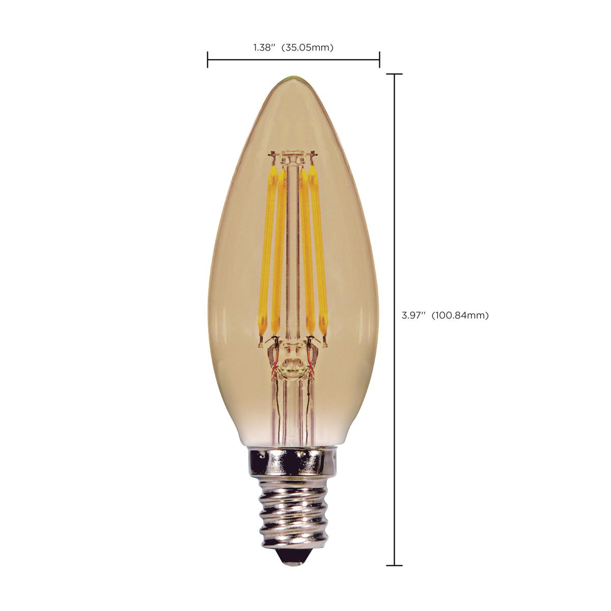 C11 Candle Filament LED Bulb, 4W, 300 Lumens, 2000K, E12 Candelabra Base, Amber Finish - Bees Lighting