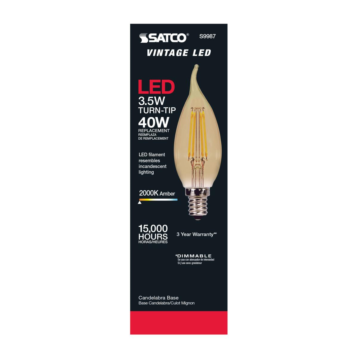 CA11 Filament LED Bulb, 4W, 300lm, 2000K, 40W Equal, E12 Candelabra Base, Amber Finish - Bees Lighting