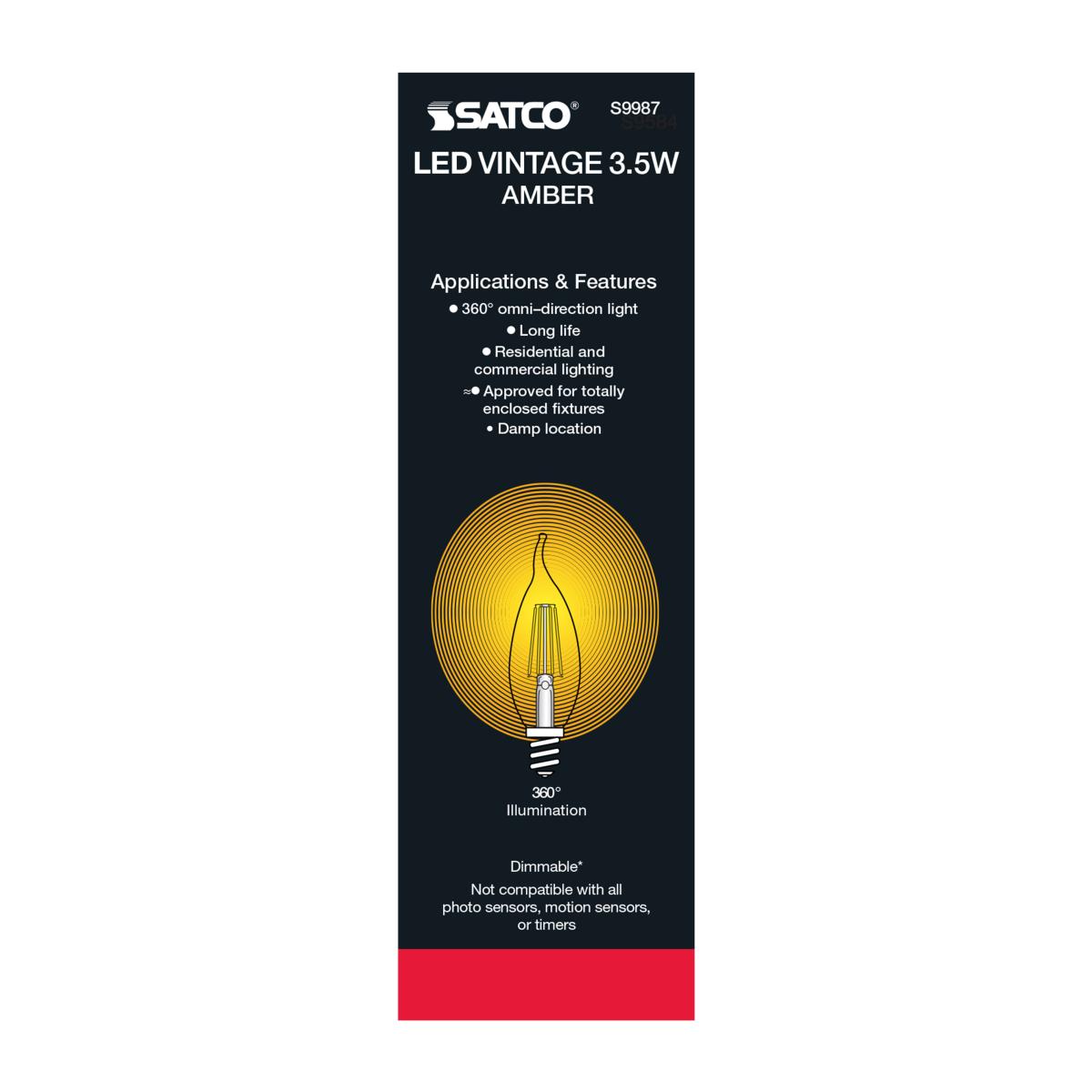 CA11 Filament LED Bulb, 4W, 300lm, 2000K, 40W Equal, E12 Candelabra Base, Amber Finish - Bees Lighting