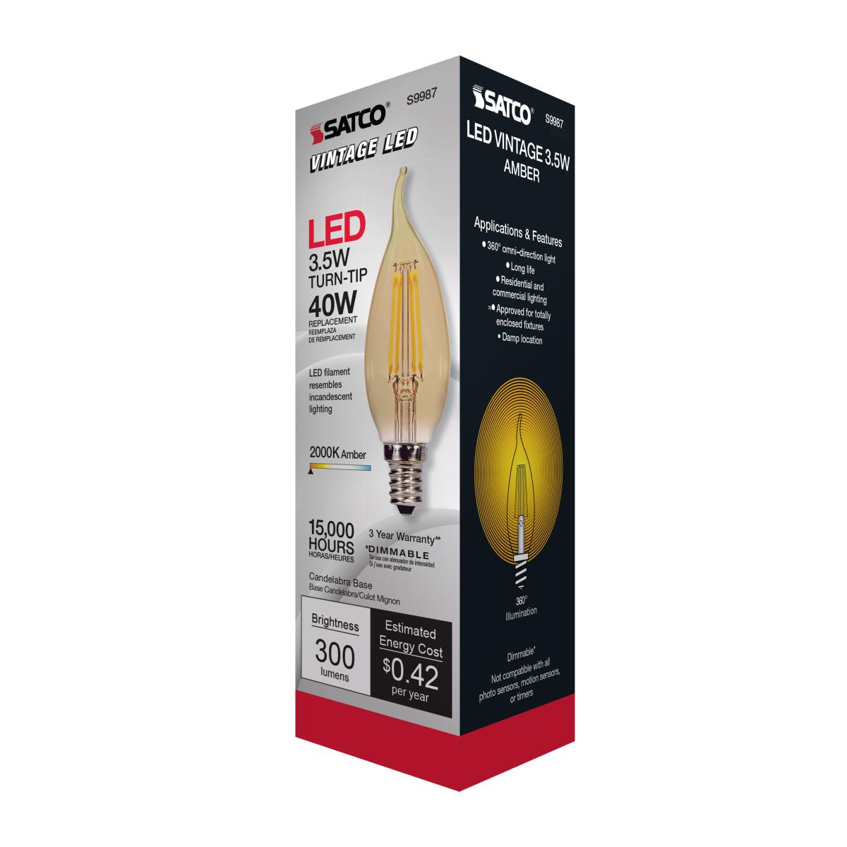 CA11 Filament LED Bulb, 4W, 300lm, 2000K, 40W Equal, E12 Candelabra Base, Amber Finish - Bees Lighting