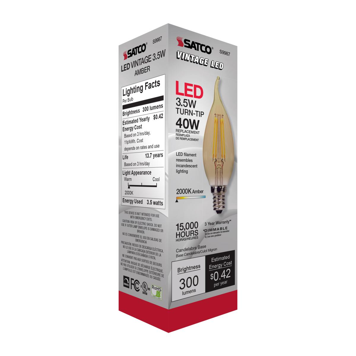 CA11 Filament LED Bulb, 4W, 300lm, 2000K, 40W Equal, E12 Candelabra Base, Amber Finish - Bees Lighting