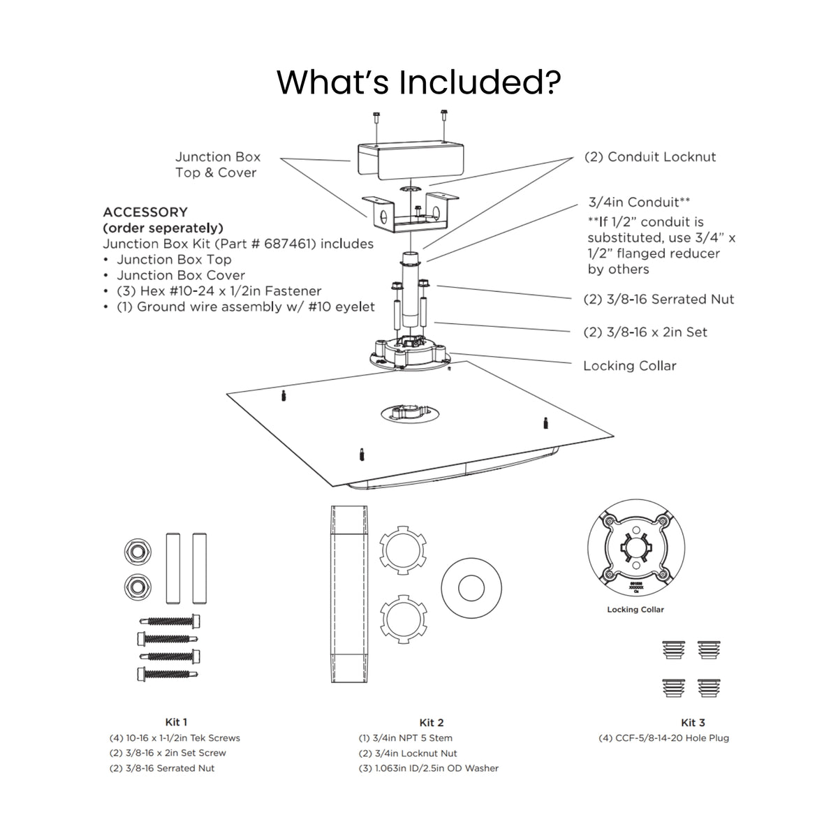 Canopy light fixture parts and mounting components diagram with locking collar