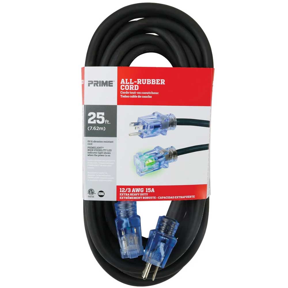 25 ft. 12/3 SJOOW All-Rubber Outdoor Heavy Duty Extension Cord Black - Bees Lighting