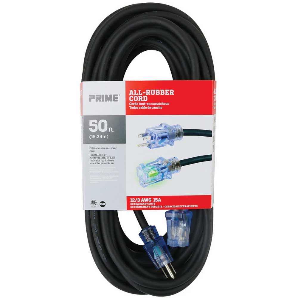 50 ft. 12/3 SJOOW All-Rubber Outdoor Heavy Duty Extension Cord Black - Bees Lighting