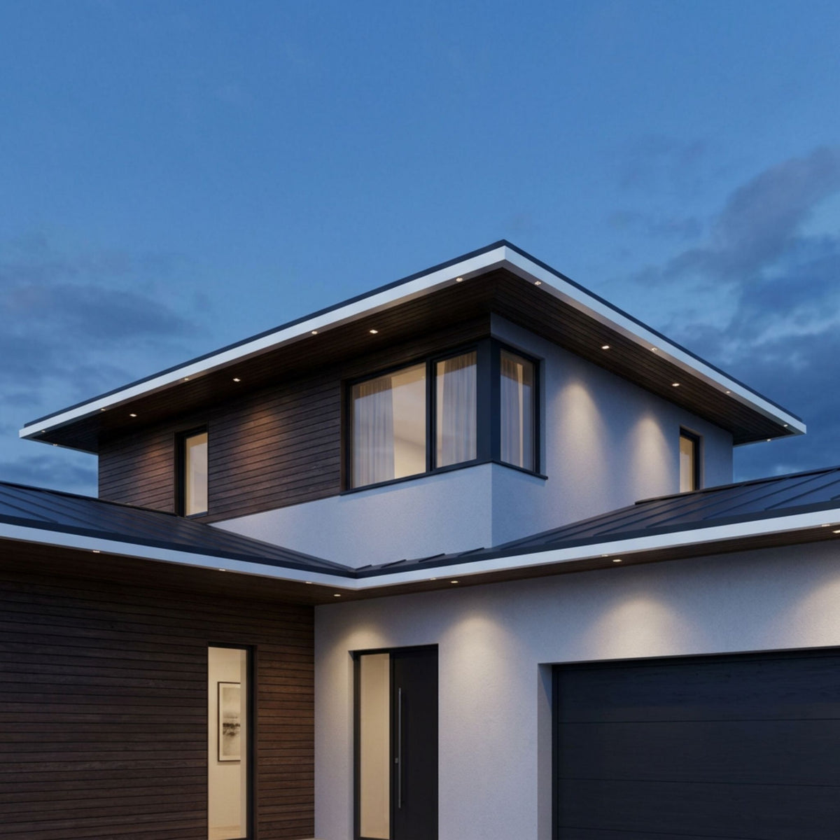 Exterior linear soffit light system with evenly spaced recessed dot lights