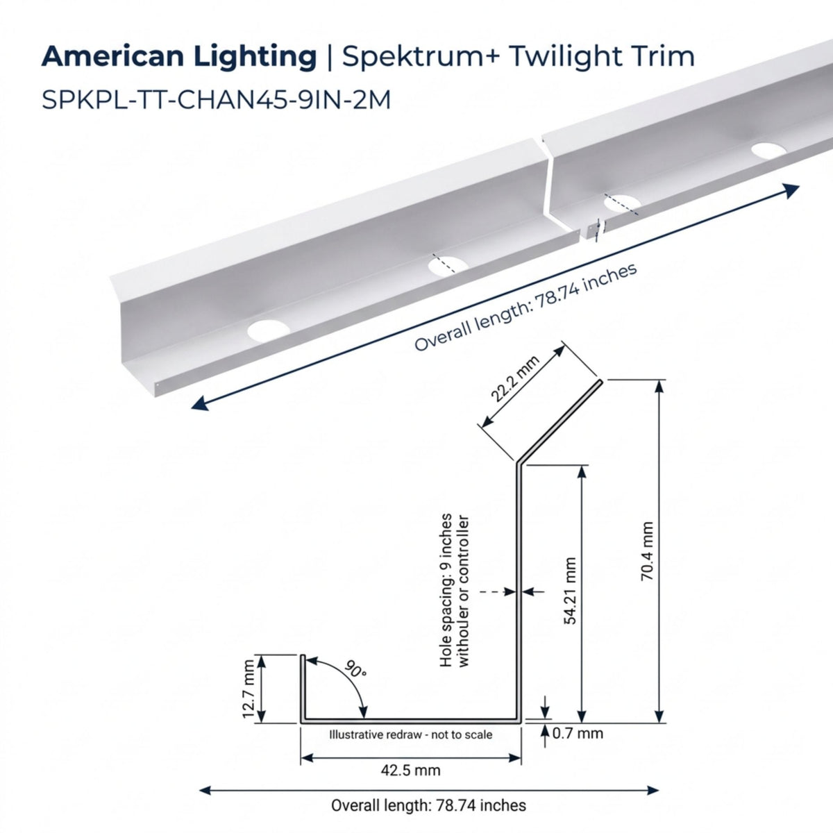 White 45-degree channel trim diagram with housing profile and dot placement