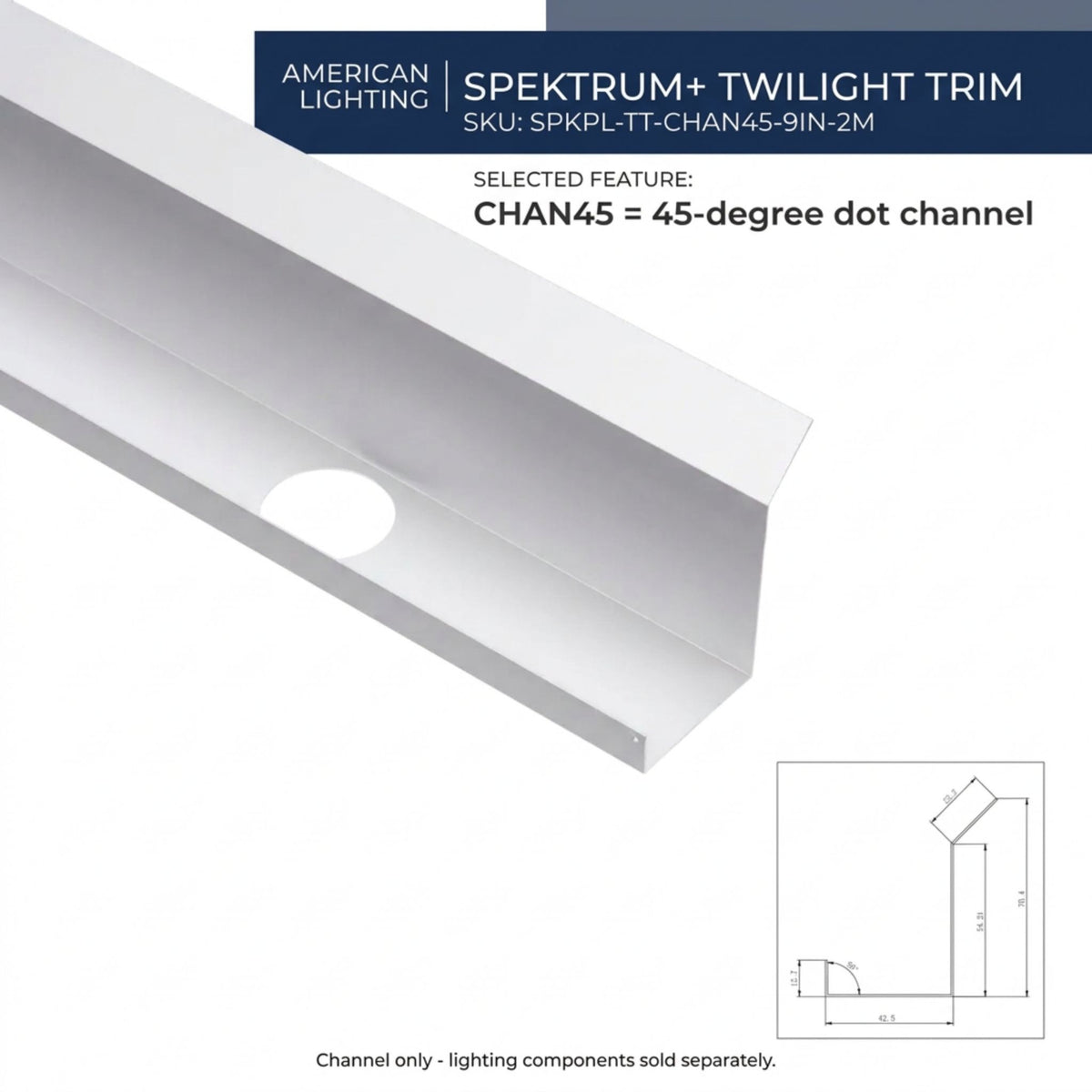 White channel trim labeled 45-degree dot channel, shown with corner profile diagram