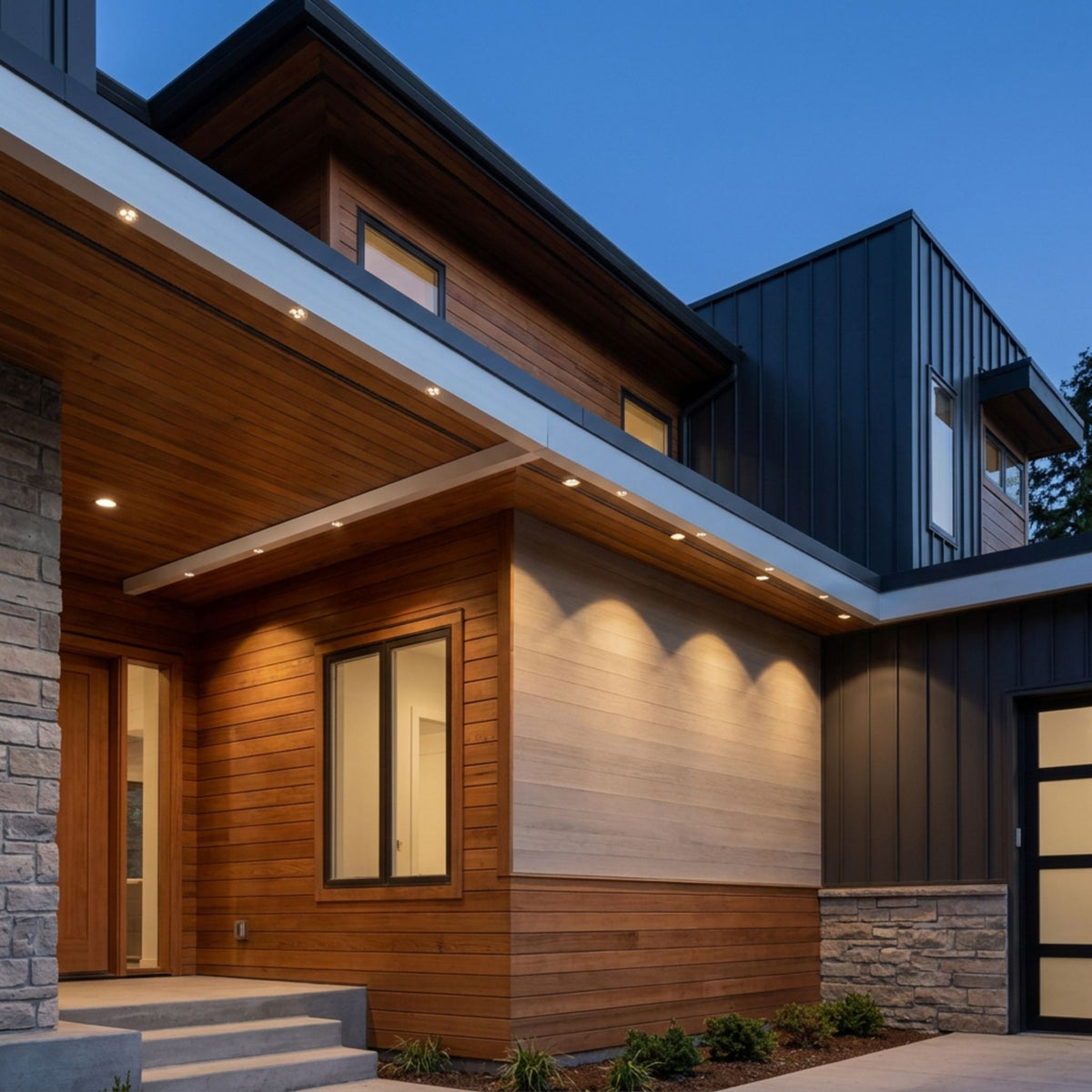 Extruded aluminum LED backer channel with twilight trim, mounted on exterior soffit