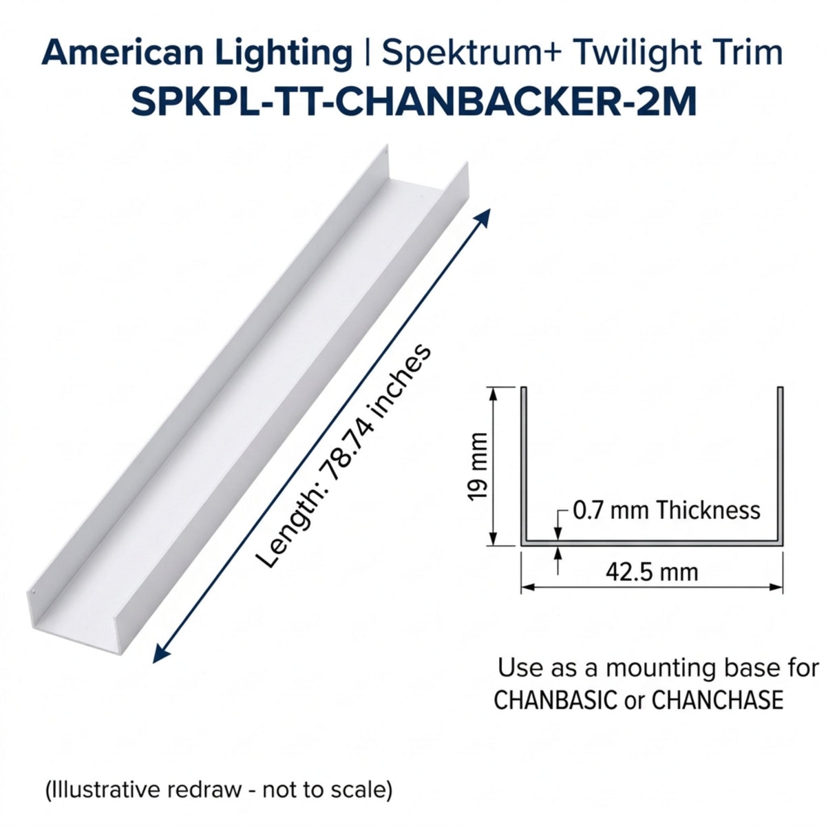LED backer channel: 78.74 in length, 42.5 mm width, 0.7 mm thickness