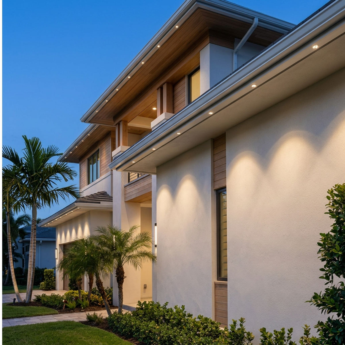 Linear gray lighting trim with round openings installed under a roof eave