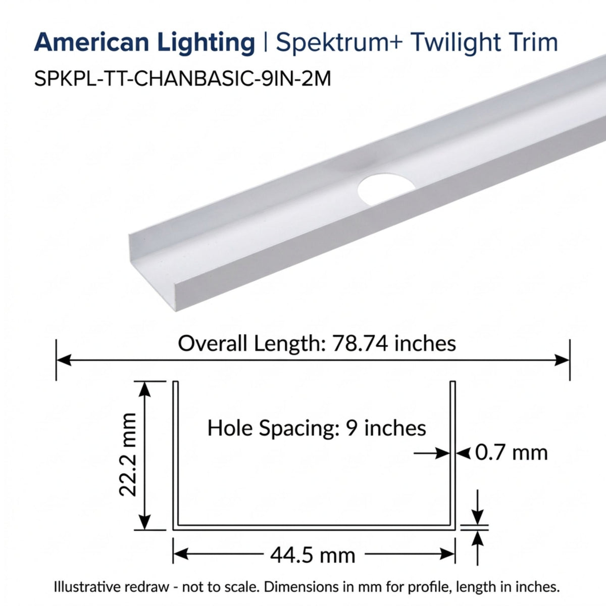 Silver lighting channel trim with evenly spaced round holes along the bar