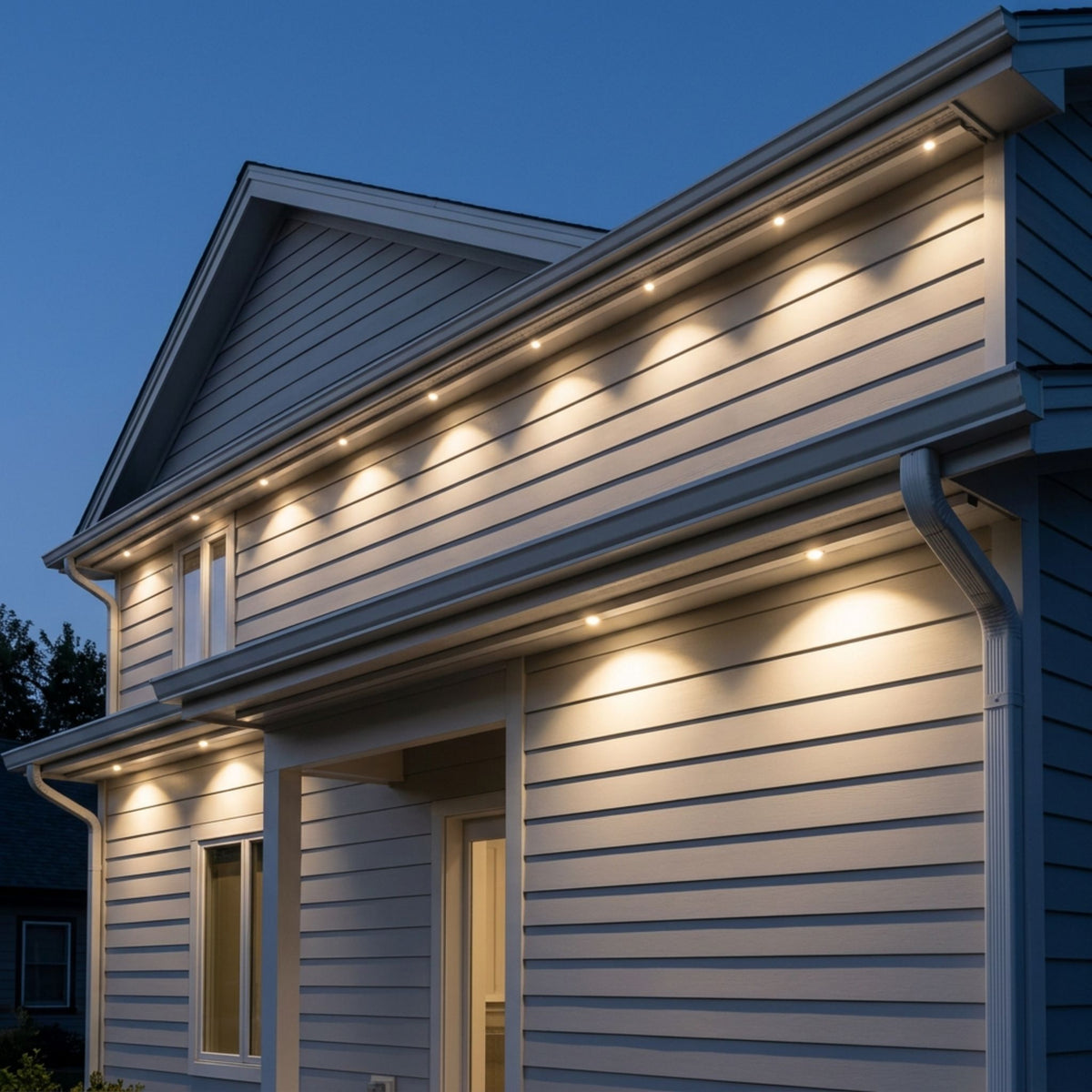 Light gray twilight trim wiring channel along building eave with linear lights