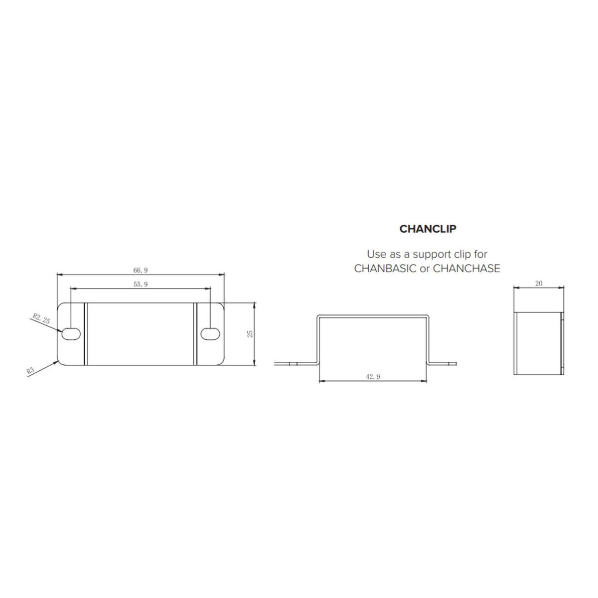 Dimensioned line drawing of 4-pack mounting clips with brackets and screw holes
