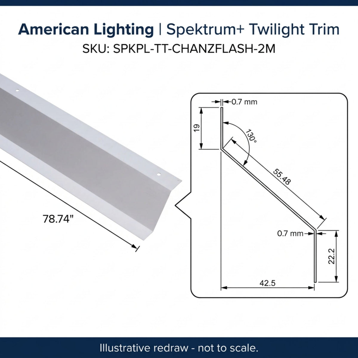 Aluminum twilight trim channel technical drawing with thickness and angle dimensions