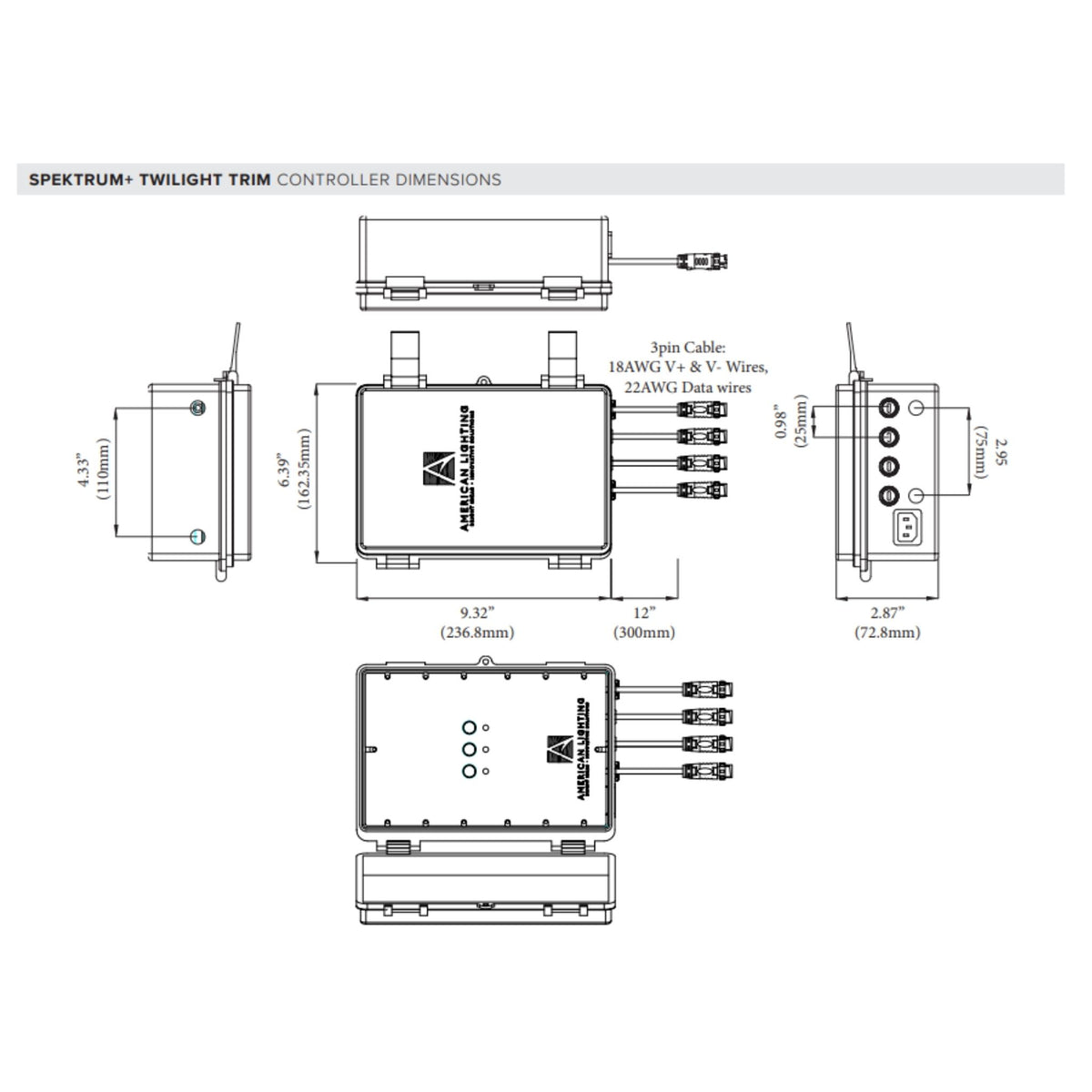 Twilight trim controller dimensions diagram with wiring ports and measurements