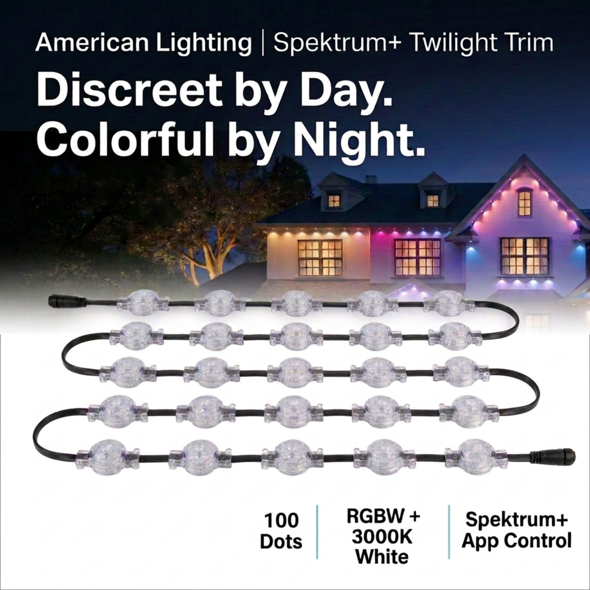 RGBW eave lights set with 100 clear dot LEDs and black cable, 74-ft span