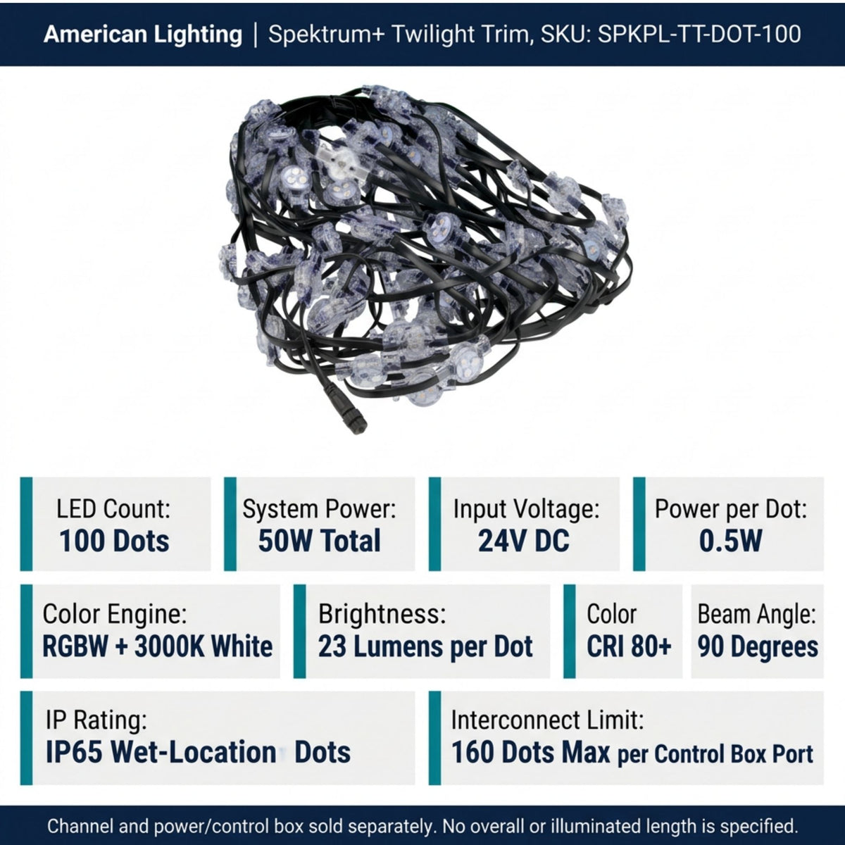 American Lighting Spektrum+ Twilight Trim 100-Dot Eave Light, RGBW 3000K, 24V DC