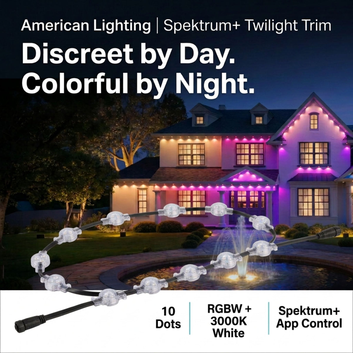 RGBW dot eave light set with clear lenses on black cable, about 10 bulbs across the run