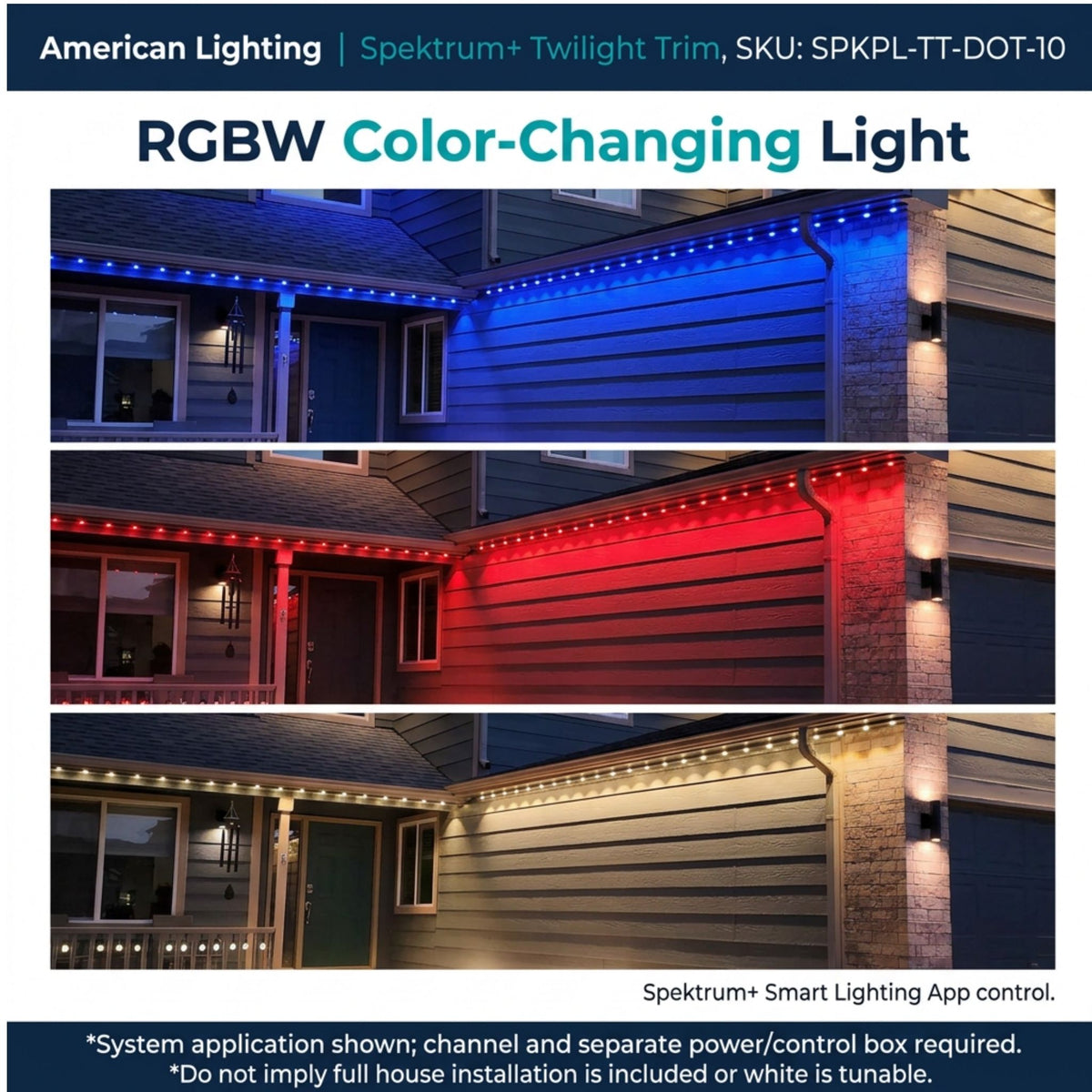 RGBW eave trim LED lights showing blue, red, and warm white illumination along the roofline
