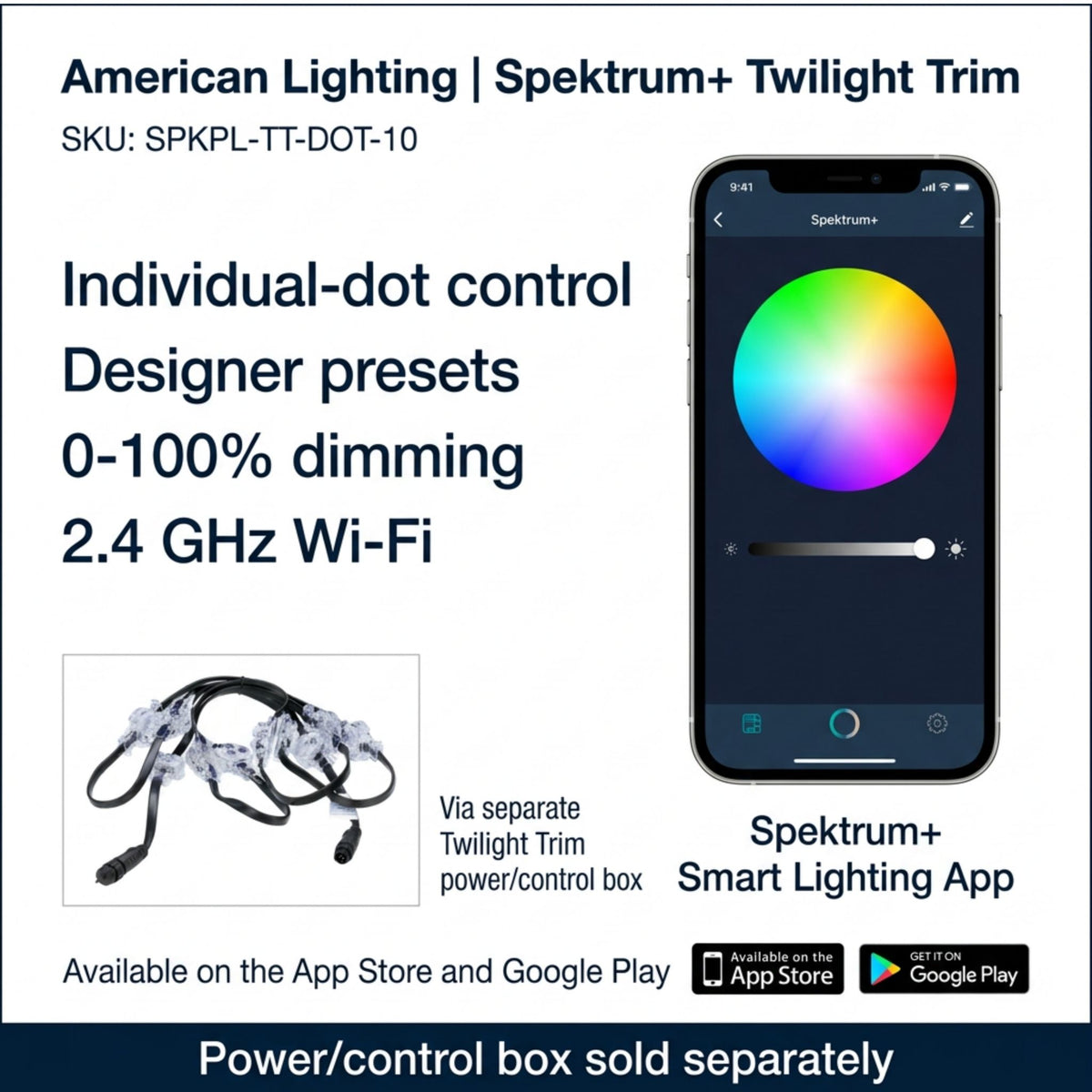 Twilight trim LED set with clear circular modules and black cable shown with app control screenshot