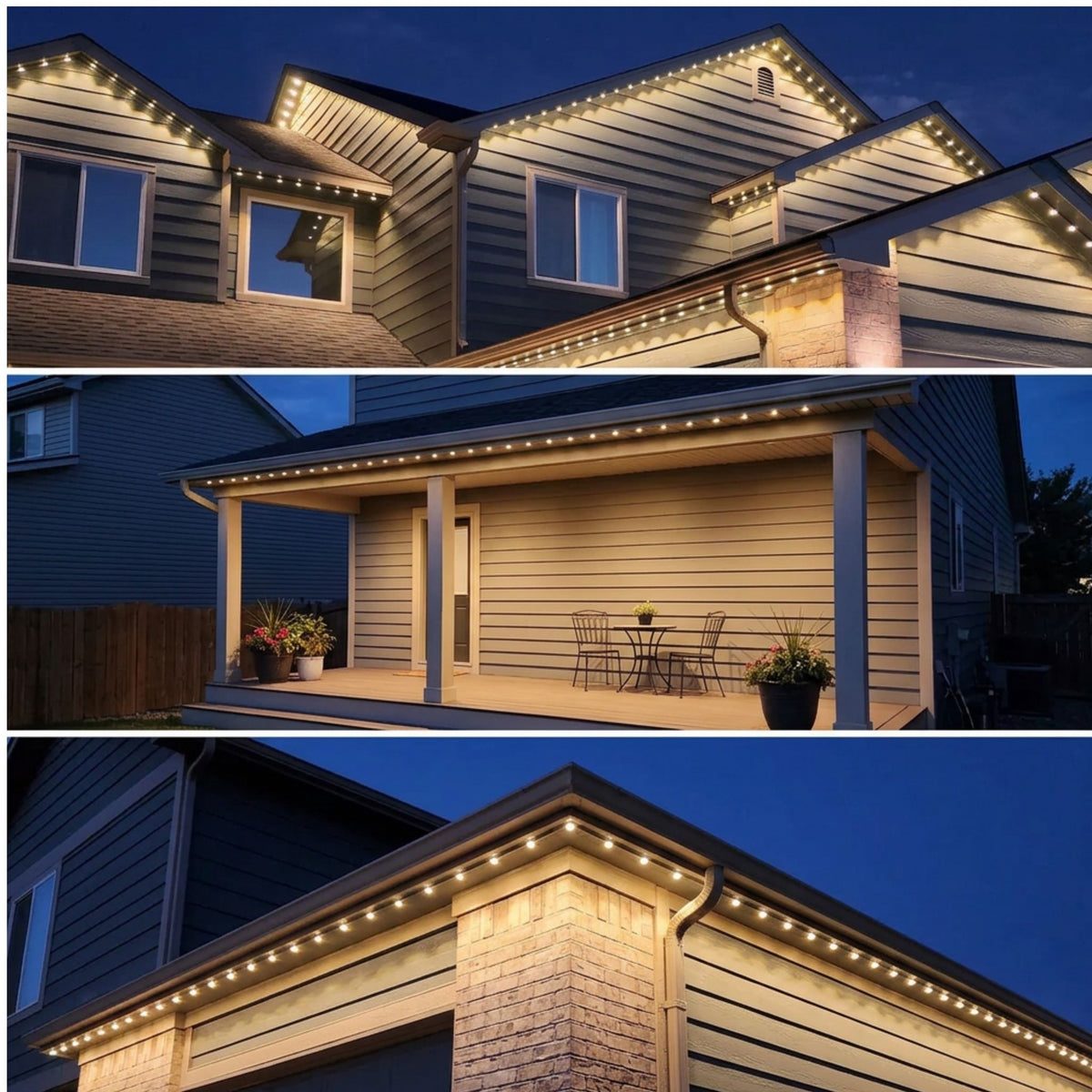 Dusk-to-dawn style eave trim LED lights glowing warm white along the house soffit