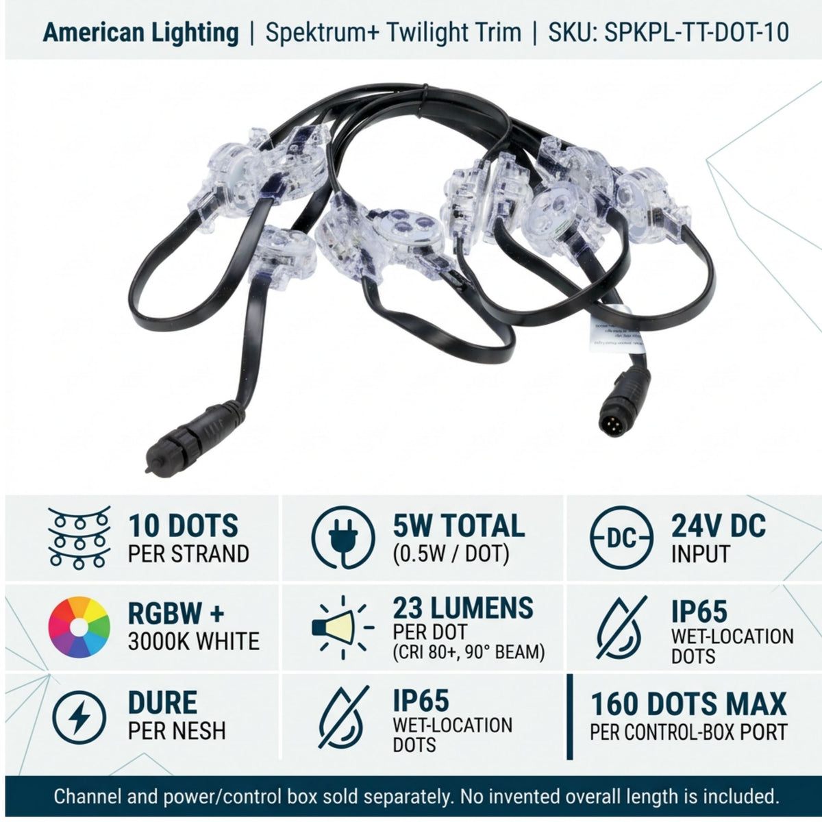10-dot Twilight trim LED strand with clear water-resistant modules and black power cable