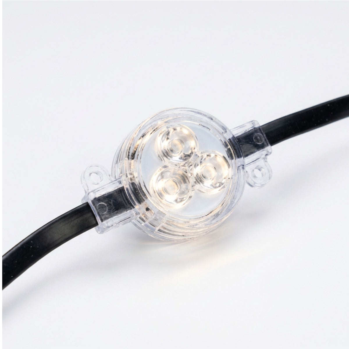 Close-up of clear circular LED dot module on black cable with visible internal LEDs