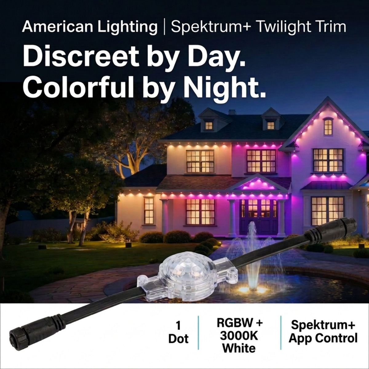 RGBW 1-dot eave light with clear dome and black cable for Spectrum+ Twilight Trim