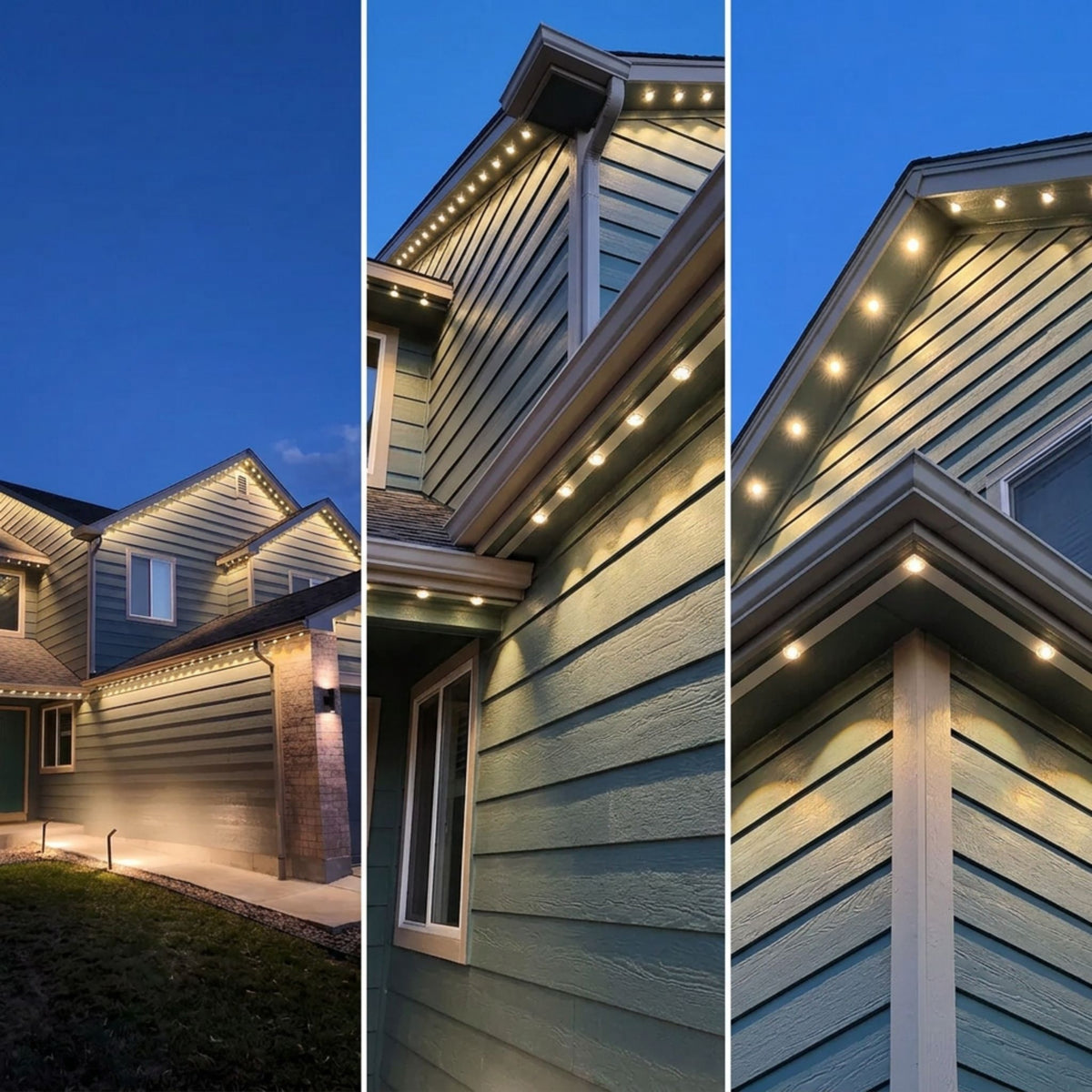 Single-dot eave light trim installed along a home roof edge, producing warm white