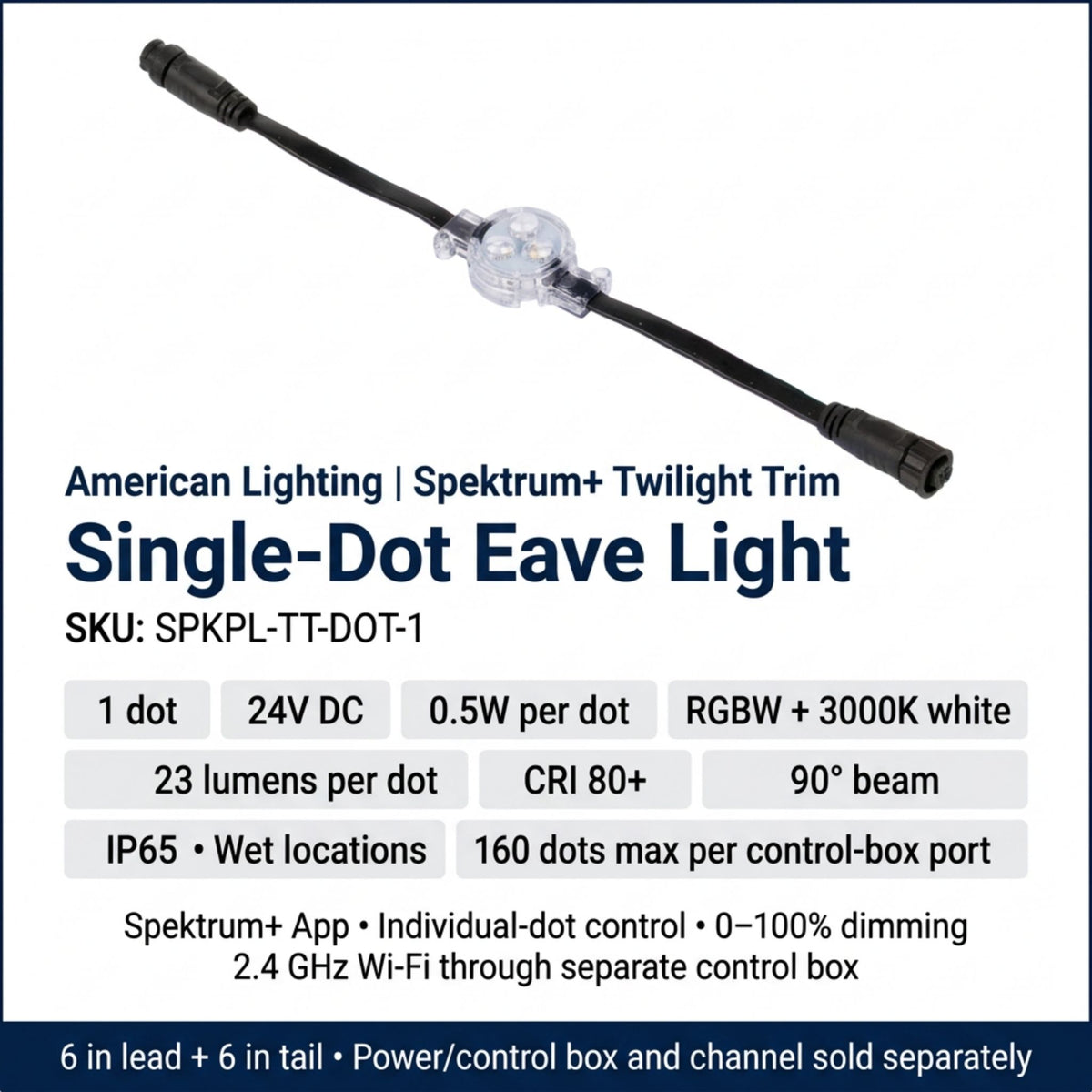 Single-dot eave light with clear LED module on black cables, shown with label specs
