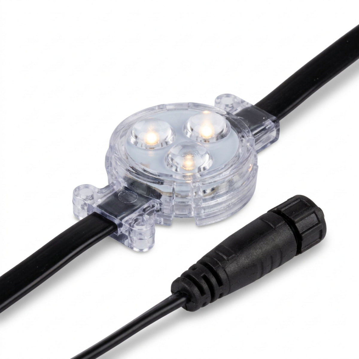 Close-up of clear single-dot LED module on black power cable with connector ends