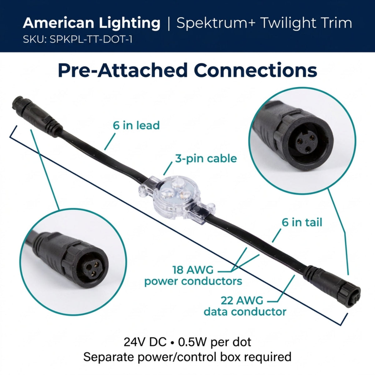 Pre-attached connection diagram for single-dot eave light with 6 in lead and tail