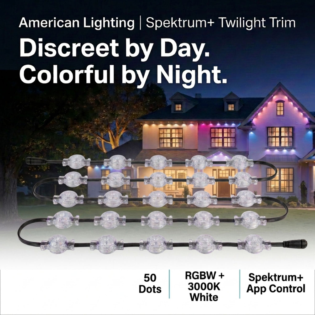 American Lighting Spektrum+ Twilight Trim 50-Dot Eave Lights, 36-ft 9-in Span, RGBW