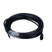 Black coiled power injection end cable with male round connector and exposed wire ends