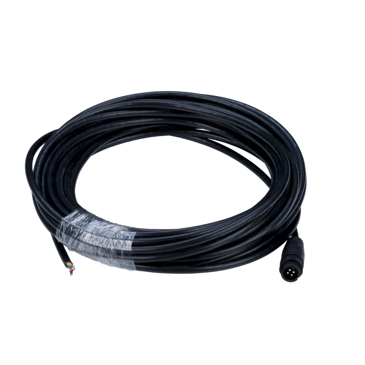 Black coiled power injection end cable with male round connector and exposed wire ends