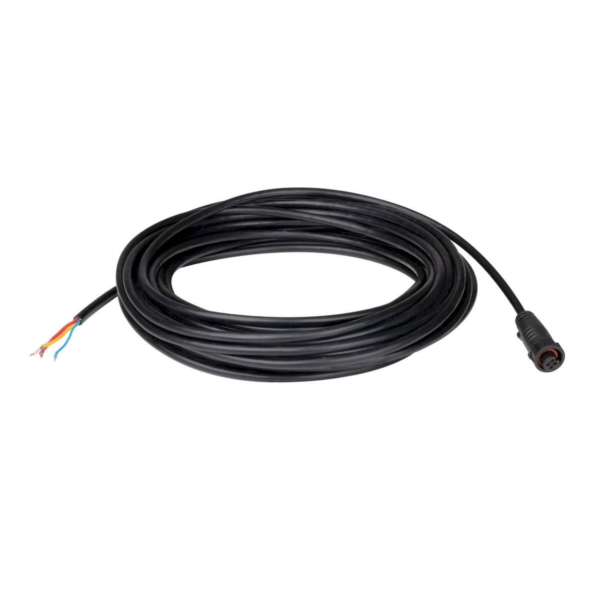 Black power and signal lead cable with round connector and color-coded wires at one end