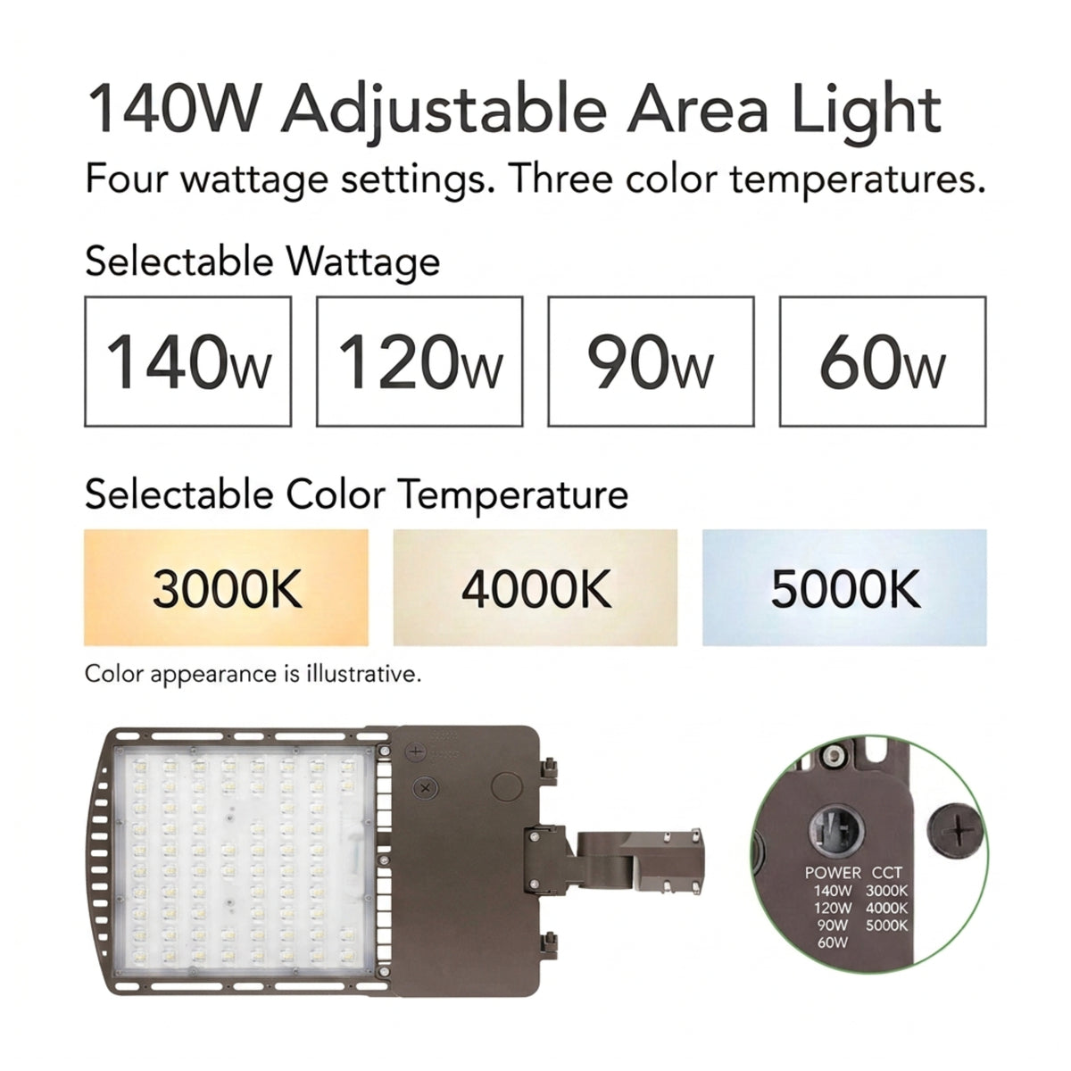 GLT SQL-150W LED Area Light — 150/120/90/60W Selectable — 3000K/4000K/5000K — 347–480V — Dark Bronze