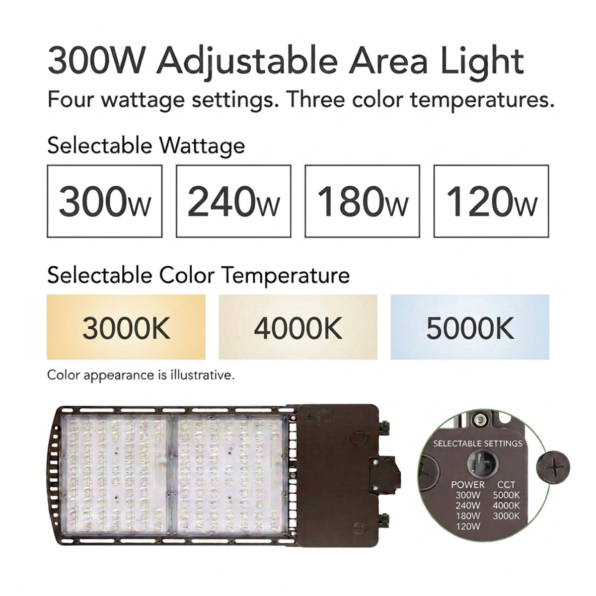 GLT SQL-300W LED Area Light — 300/240/180/120W Selectable — 3000K/4000K/5000K — 347–480V — Dark Bronze