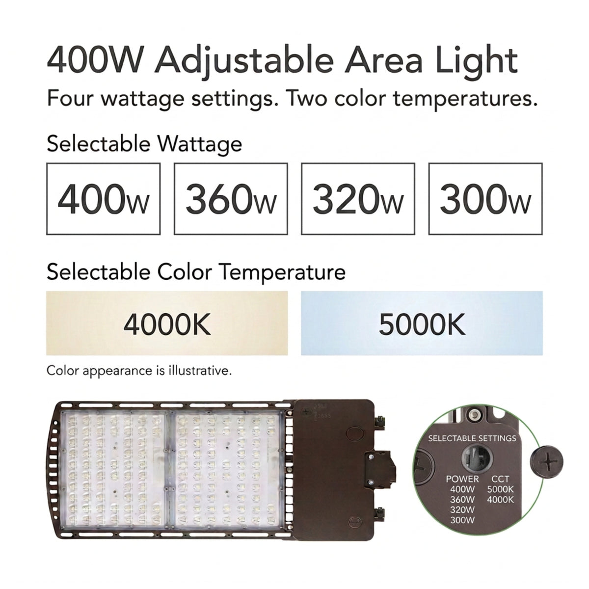 GLT SQL-400W LED Area Light — 400/360/320/300W Selectable — 4000K/5000K — 347–480V — Dark Bronze