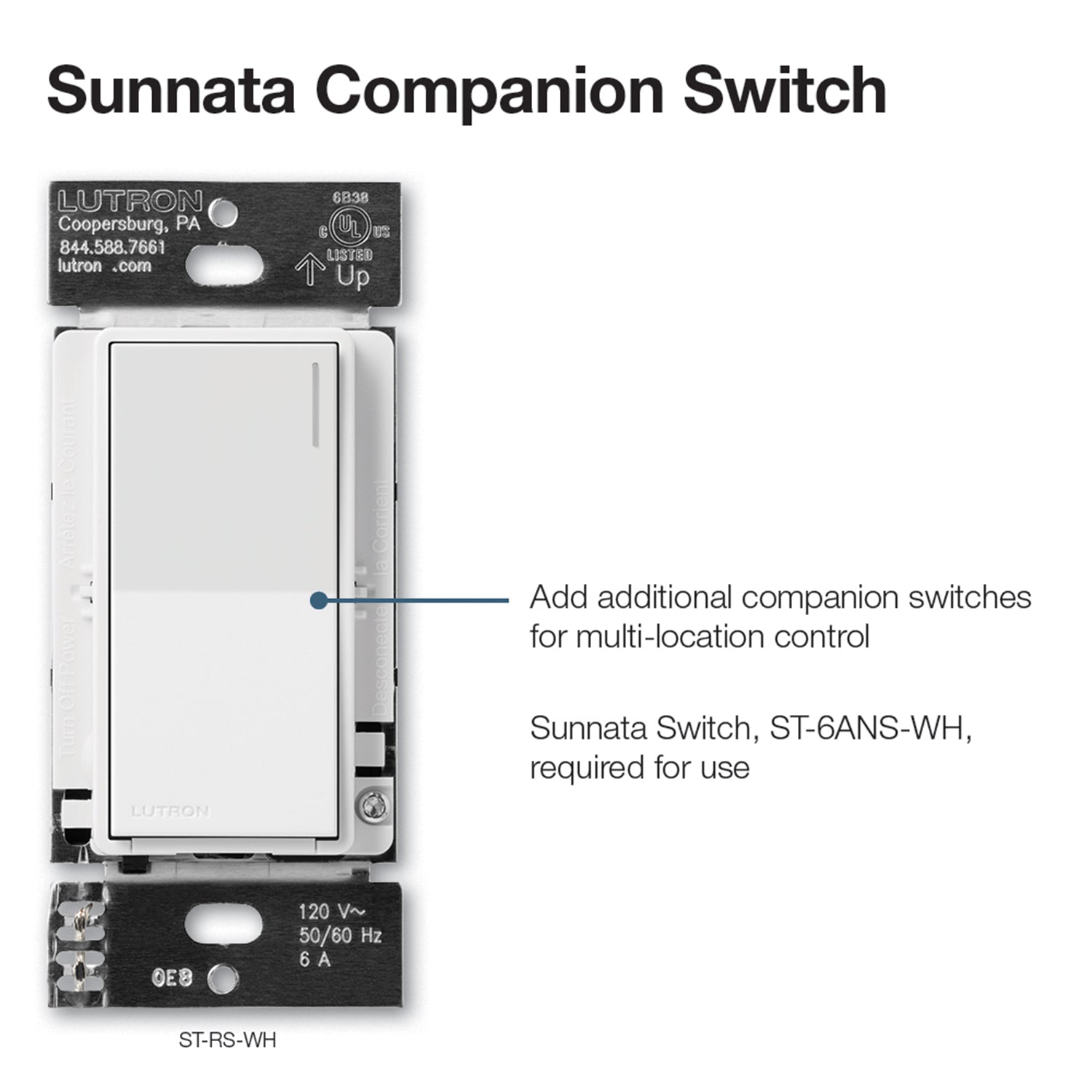 Lutron Sunnata Multi-Location Companion Switch, Not for Standalone Use, White - Bees Lighting