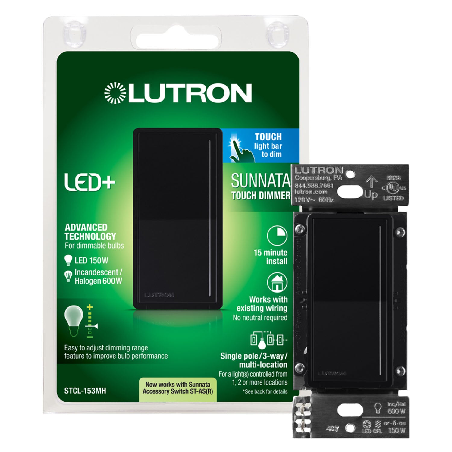 Sunnata LED+ Touch Dimmer Switch, 150-Watts LED, 3-Way or Multi Location, Black - Bees Lighting