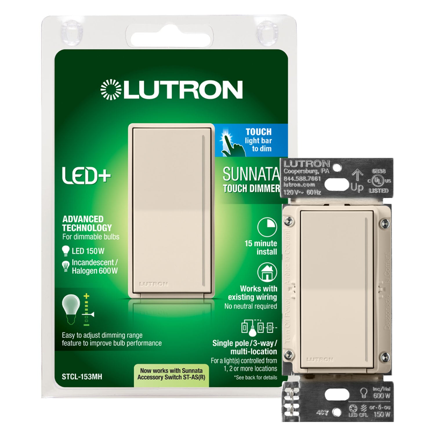 Sunnata LED+ Touch Dimmer Switch, 150-Watts LED, 3-Way or Multi Location, Light Almond - Bees Lighting